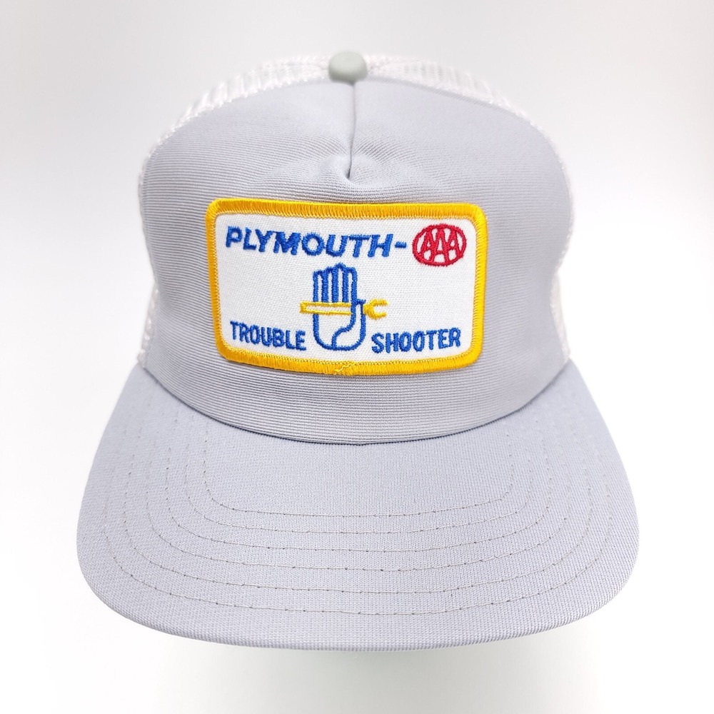 Vtg Plymouth Trouble Shooter Trucker Hat Cap Grey Patch Snapback AAA Mechanic